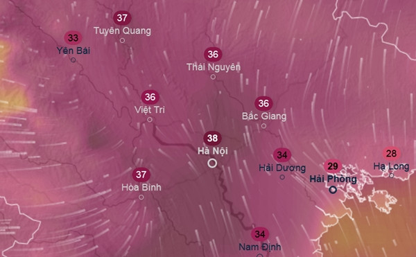 Dự báo nhiệt độ chiều 27/3 - ngày nóng cao điểm của đợt này - ở một số tỉnh thành miền Bắc. Ảnh: Ventusky, ICON. Dự báo nhiệt độ chiều 27/3 - ngày nóng cao điểm của đợt này - ở một số tỉnh thành miền Bắc. Ảnh: Ventusky, ICON.
