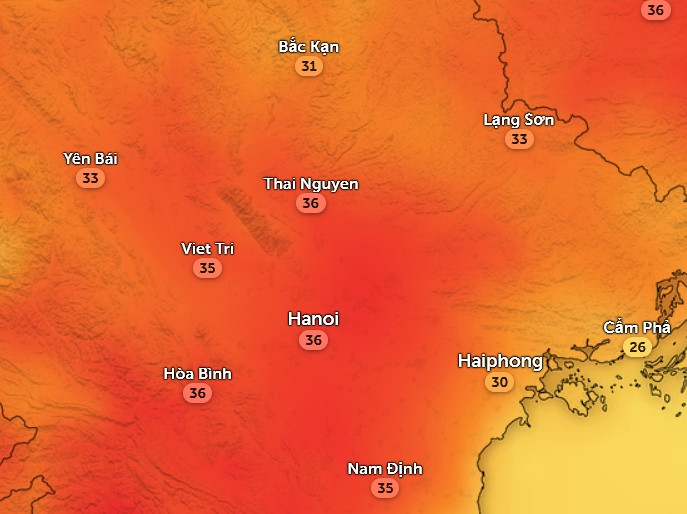 Nhiệt độ cảm nhận ở một số tỉnh thành miền Bắc vào chiều nay, 27/3. Ảnh: Zoom Earth, OpenStreetMap, ICON.