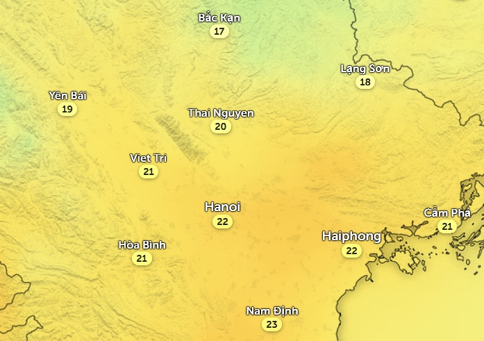 Nhiệt độ cảm nhận ở một số tỉnh thành miền Bắc vào chiều mai, 18/2. Ảnh: Zoom Earth, OpenStreetMap, ICON.