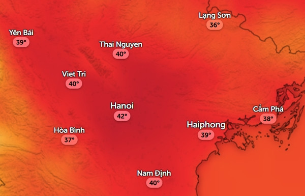 Dự báo nhiệt độ cảm nhận cao nhất ở một số tỉnh thành miền Bắc trong mấy ngày tới. Ảnh: Zoom Earth, OpenStreetMap, ICON. Dự báo nhiệt độ cảm nhận cao nhất ở một số tỉnh thành miền Bắc trong mấy ngày tới. Ảnh: Zoom Earth, OpenStreetMap, ICON.