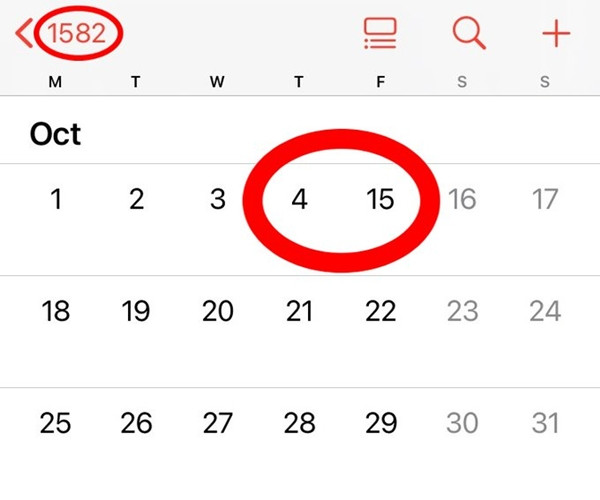 10 ngày của tháng 10 năm 1582 “biến mất” trong lịch? Ảnh: The Cultural Tutor. 10 ngày của tháng 10 năm 1582 “biến mất” trong lịch? Ảnh: The Cultural Tutor.