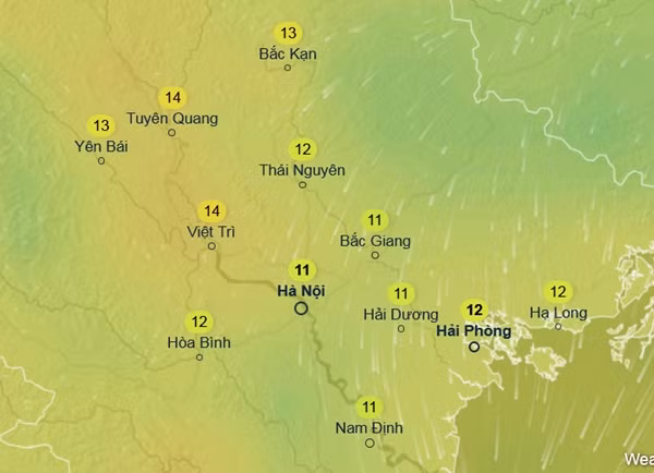 Dự báo nhiệt độ ở một số tỉnh thành miền Bắc vào thứ Bảy tuần sau, 8/3: Trời rét đậm, rét hại. Ảnh: Ventusky, GFS.