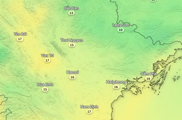 Nhiệt độ cảm nhận cao nhất trong ngày 3/2 (vào đầu giờ chiều) ở một số tỉnh thành miền Bắc. Ảnh: Zoom Earth, OpenStreetMap, ICON.