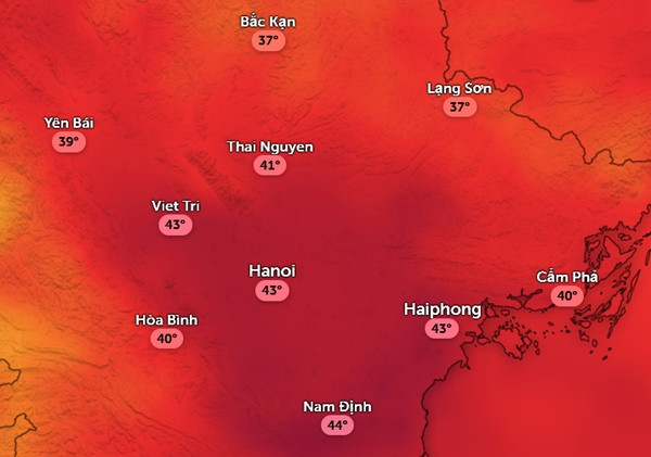 Nhiệt độ cảm nhận ở một số tỉnh thành miền Bắc trưa nay, 9/7. Ảnh: Zoom Earth, OpenStreetMap, ICON. Nhiệt độ cảm nhận ở một số tỉnh thành miền Bắc trưa nay, 9/7. Ảnh: Zoom Earth, OpenStreetMap, ICON.