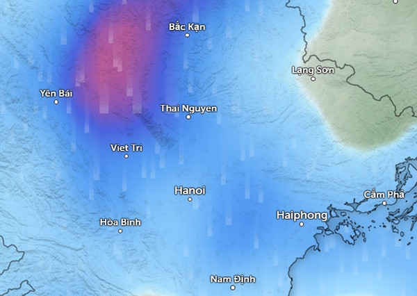 Dự báo mưa ở nhiều tỉnh thành miền Bắc vào sáng mai, 21/6 (những vùng màu xanh da trời là mưa nhỏ đến vừa, màu đỏ là mưa vừa đến mưa to). Ảnh: Zoom Earth, OpenStreetMap, GFS.