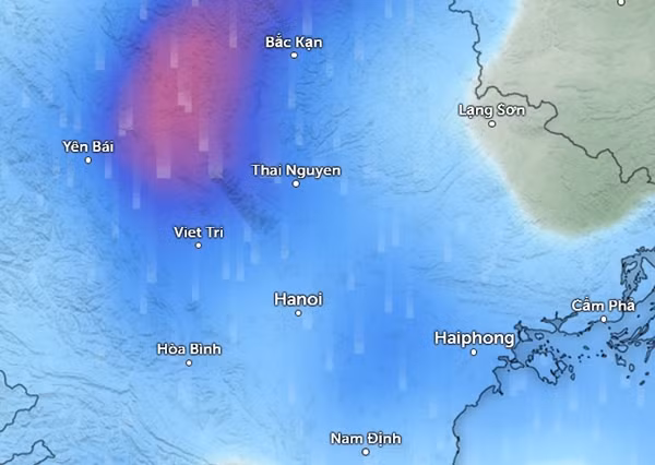 Dự báo mưa ở nhiều tỉnh thành miền Bắc vào sáng mai, 21/6 (những vùng màu xanh da trời là mưa nhỏ đến vừa, màu đỏ là mưa vừa đến mưa to). Ảnh: Zoom Earth, OpenStreetMap, GFS.