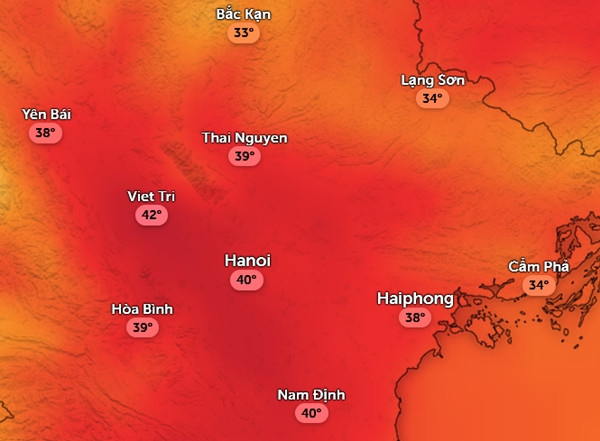 Nhiệt độ cảm nhận ở một số tỉnh thành miền Bắc chiều nay và chiều mai (23 - 24/6). Ảnh: Zoom Earth, OpenStreetMap, ICON.