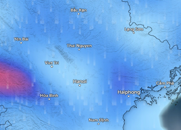 Dự báo mưa ở nhiều tỉnh thành miền Bắc vào sáng mai, 12/7 (những vùng màu xanh da trời là mưa nhỏ đến vừa, màu đỏ là mưa vừa đến mưa to). Ảnh: Zoom Earth, OpenStreetMap, GFS. Dự báo mưa ở nhiều tỉnh thành miền Bắc vào sáng mai, 12/7 (những vùng màu xanh da trời là mưa nhỏ đến vừa, màu đỏ là mưa vừa đến mưa to). Ảnh: Zoom Earth, OpenStreetMap, GFS.
