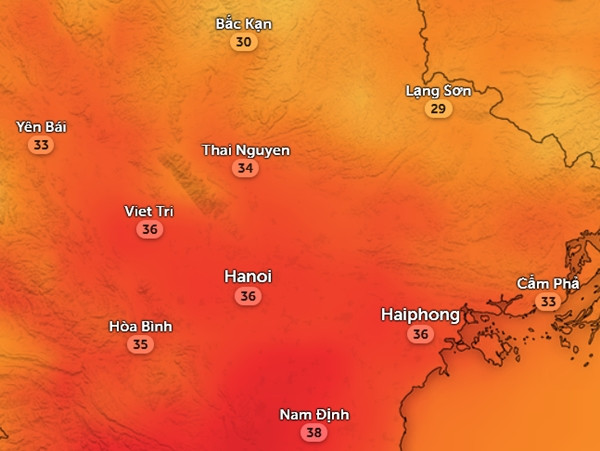 Nhiệt độ cảm nhận ở một số tỉnh thành miền Bắc vào trưa và chiều 3/6. Ảnh: Zoom Earth, OpenStreetMap, ICON. Nhiệt độ cảm nhận ở một số tỉnh thành miền Bắc vào trưa và chiều 3/6. Ảnh: Zoom Earth, OpenStreetMap, ICON.