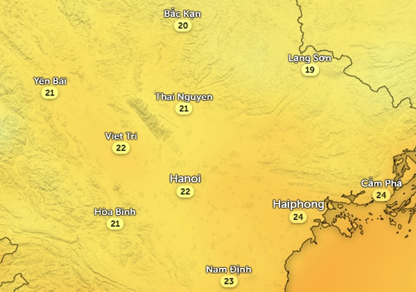 Dự báo nhiệt độ ở một số tỉnh thành miền Bắc vào sáng sớm Chủ Nhật, 11/5. Ảnh: Zoom Earth, OpenStreetMap, ICON.