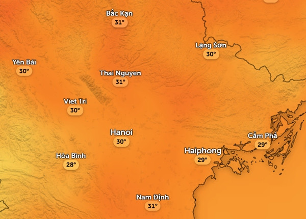 Dự báo nhiệt độ ở một số tỉnh thành miền Bắc vào trưa mai, 12/7 (nhiệt độ cảm nhận có thể cao hơn từ 2 - 5oC). Ảnh: Zoom Earth, OpenStreetMap, ICON. Dự báo nhiệt độ ở một số tỉnh thành miền Bắc vào trưa mai, 12/7 (nhiệt độ cảm nhận có thể cao hơn từ 2 - 5oC). Ảnh: Zoom Earth, OpenStreetMap, ICON.