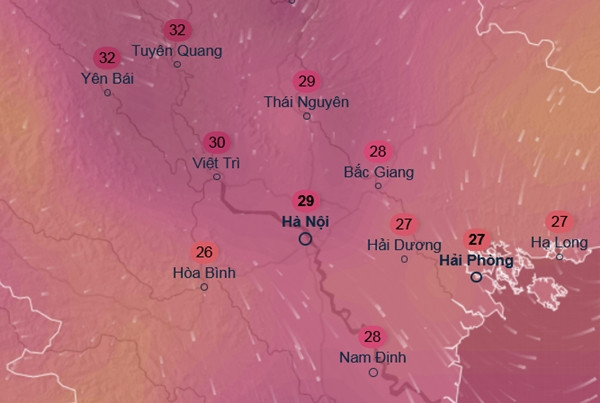 Dự báo đến khoảng 23 - 24/5, miền Bắc sẽ lại có gió Đông Bắc, nhiệt độ ở nhiều tỉnh thành xuống dưới mức 30oC. Ảnh: Ventusky, ECMWF.