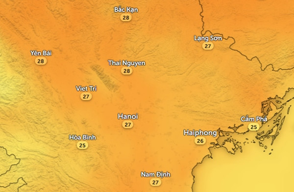 Nhiệt độ cảm nhận ở một số tỉnh thành miền Bắc vào chiều nay, 14/4. Ảnh: Zoom Earth, OpenStreetMap, ICON. Nhiệt độ cảm nhận ở một số tỉnh thành miền Bắc vào chiều nay, 14/4. Ảnh: Zoom Earth, OpenStreetMap, ICON.