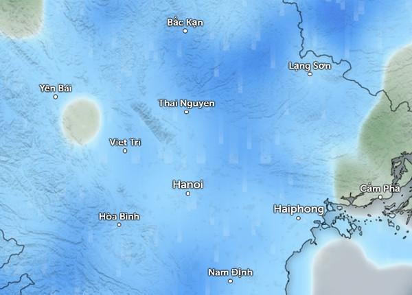 Dự báo mưa ở một số tỉnh thành miền Bắc vào chiều hoặc chiều tối mai, 3/7 (những vùng màu xanh da trời). Lượng mưa được dự báo sẽ giảm. Ảnh: Zoom Earth, OpenStreetMap, ICON.