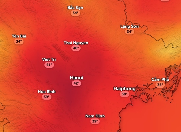 Dự báo nhiệt độ cảm nhận ở một số tỉnh thành miền Bắc chiều 19/6 (thứ Năm). Ảnh: Zoom Earth, OpenStreetMap, GFS.