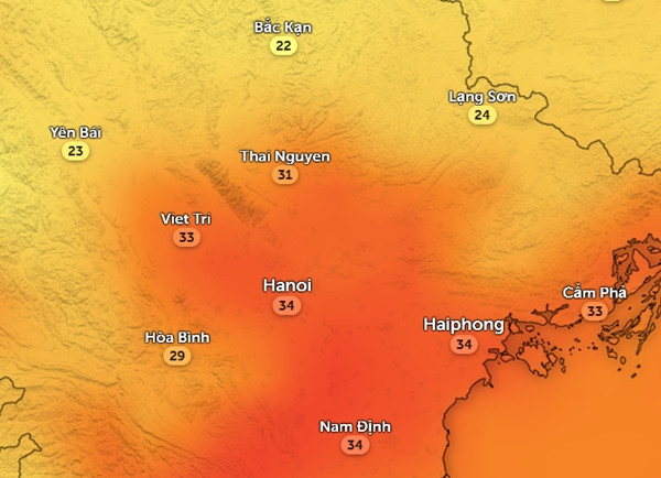 Dự báo nhiệt độ cảm nhận ở một số tỉnh thành miền Bắc vào chiều mai, 28/5. Ảnh: Zoom Earth, OpenStreetMap, GFS. Dự báo nhiệt độ cảm nhận ở một số tỉnh thành miền Bắc vào chiều mai, 28/5. Ảnh: Zoom Earth, OpenStreetMap, GFS.