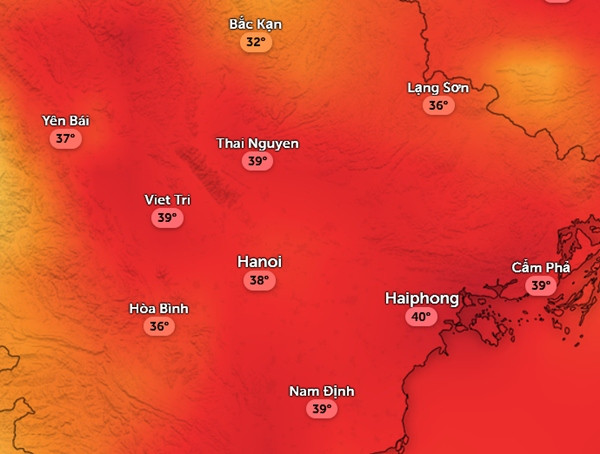 Dự báo nhiệt độ cảm nhận ở một số tỉnh thành miền Bắc trưa 10/7. Ảnh: Zoom Earth, OpenStreetMap, ICON. Dự báo nhiệt độ cảm nhận ở một số tỉnh thành miền Bắc trưa 10/7. Ảnh: Zoom Earth, OpenStreetMap, ICON.