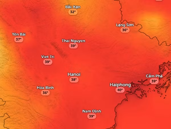 Dự báo nhiệt độ cảm nhận ở một số tỉnh thành miền Bắc trưa 10/7. Ảnh: Zoom Earth, OpenStreetMap, ICON. Dự báo nhiệt độ cảm nhận ở một số tỉnh thành miền Bắc trưa 10/7. Ảnh: Zoom Earth, OpenStreetMap, ICON.