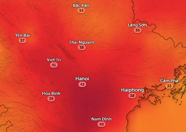 Nhiệt độ cảm nhận ở một số tỉnh thành miền Bắc vào các buổi chiều đầu tuần này. Ảnh: Zoom Earth, OpenStreetMap, GFS. Nhiệt độ cảm nhận ở một số tỉnh thành miền Bắc vào các buổi chiều đầu tuần này. Ảnh: Zoom Earth, OpenStreetMap, GFS.