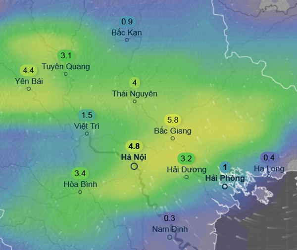 Dự báo mưa sáng ngày 7/4 (ngày 10/3 Âm lịch, nghỉ lễ Giỗ Tổ Hùng Vương) ở nhiều tỉnh thành miền Bắc. Ảnh: Ventusky, GFS.