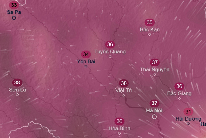 Dự báo nhiệt độ cao nhất ở một số tỉnh thành miền Bắc trong ngày 27/3, theo GFS. Ảnh: Ventusky, GFS. Dự báo nhiệt độ cao nhất ở một số tỉnh thành miền Bắc trong ngày 27/3, theo GFS. Ảnh: Ventusky, GFS.