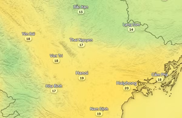 Nhiệt độ cảm nhận ở một số tỉnh thành miền Bắc vào chiều nay, 17/3. Ảnh: Zoom Earth, OpenStreetMap, GFS.
