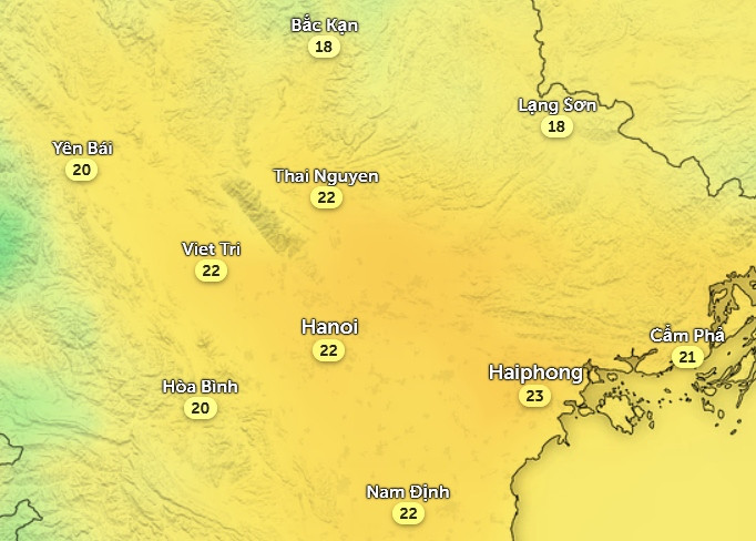 Nhiệt độ cảm nhận ở một số tỉnh thành miền Bắc vào chiều nay, 19/3. Ảnh: Zoom Earth, OpenStreetMap, ICON. Nhiệt độ cảm nhận ở một số tỉnh thành miền Bắc vào chiều nay, 19/3. Ảnh: Zoom Earth, OpenStreetMap, ICON.