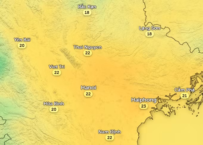 Nhiệt độ cảm nhận ở một số tỉnh thành miền Bắc vào chiều nay, 19/3. Ảnh: Zoom Earth, OpenStreetMap, ICON. Nhiệt độ cảm nhận ở một số tỉnh thành miền Bắc vào chiều nay, 19/3. Ảnh: Zoom Earth, OpenStreetMap, ICON.