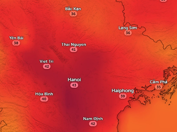 Dự báo nhiệt độ cảm nhận ở một số tỉnh thành miền Bắc vào chiều mai, 21/5. Ảnh: Zoom Earth, OpenStreetMap, GFS. Dự báo nhiệt độ cảm nhận ở một số tỉnh thành miền Bắc vào chiều mai, 21/5. Ảnh: Zoom Earth, OpenStreetMap, GFS.