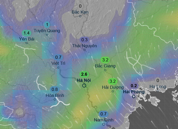 Dự báo mưa ở toàn miền Bắc từ ngày 14/5 (những con số trong hình là lượng mưa dự báo trong khoảng 3 tiếng đồng hồ, tính theo mm). Ảnh: Ventusky, GFS.