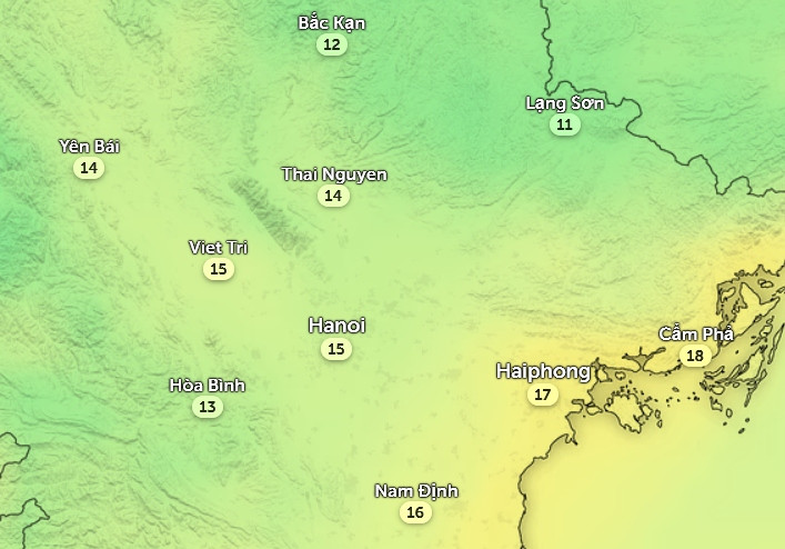 Nhiệt độ cảm nhận ở một số tỉnh thành miền Bắc vào chiều nay, 24/2. Ảnh: Zoom Earth, OpenStreetMap, ICON. Nhiệt độ cảm nhận ở một số tỉnh thành miền Bắc vào chiều nay, 24/2. Ảnh: Zoom Earth, OpenStreetMap, ICON.