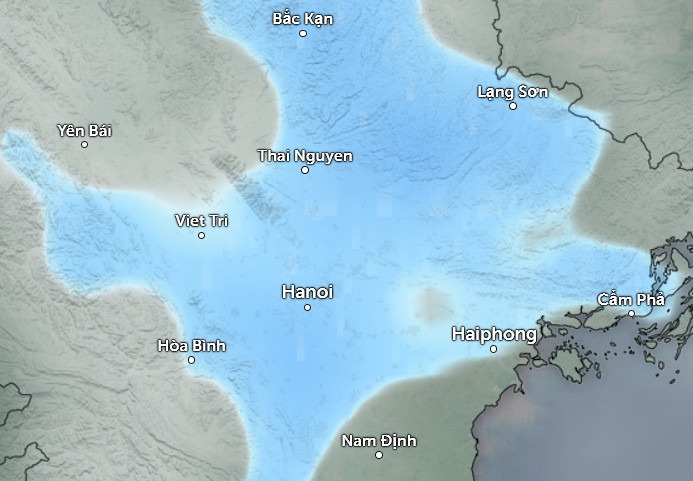 Dự báo mưa (những vùng màu xanh da trời) ở một số tỉnh thành miền Bắc vào rạng sáng thứ Bảy, 29/3. Ảnh: Ventusky, ICON.