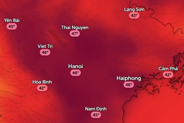 Dự báo nhiệt độ cảm nhận ở một số tỉnh thành miền Bắc vào trưa và chiều Chủ Nhật, 15/6. Ảnh: Zoom Earth, OpenStreetMap, ICON. Dự báo nhiệt độ cảm nhận ở một số tỉnh thành miền Bắc vào trưa và chiều Chủ Nhật, 15/6. Ảnh: Zoom Earth, OpenStreetMap, ICON.