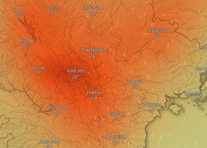 Nồng độ SO2 cao (những vùng màu đỏ - đỏ cam) ở nhiều nơi tại miền Bắc nước ta vào sáng nay, 26/3. Ảnh: Windy.