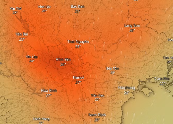 Nồng độ SO2 cao (những vùng màu đỏ - đỏ cam) ở nhiều nơi tại miền Bắc nước ta vào sáng nay, 26/3. Ảnh: Windy.