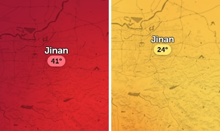 Nhiệt độ cảm nhận ở thành phố Tế Nam (tỉnh Sơn Đông, Trung Quốc) lúc 12h trưa (bên trái) và 16h (bên phải) ngày 7/7 (tính theo giờ Việt Nam). Ảnh: Zoom Earth, OpenStreetMap, GFS.