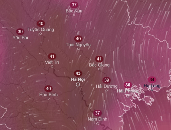 Nhiệt độ cảm nhận ở một số tỉnh thành miền Bắc vào các buổi chiều trong tuần này. Ảnh: Ventusky, GFS. Nhiệt độ cảm nhận ở một số tỉnh thành miền Bắc vào các buổi chiều trong tuần này. Ảnh: Ventusky, GFS.
