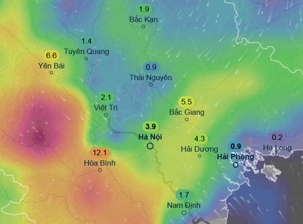Dự báo mưa ở hầu như toàn miền Bắc vào tối thứ Tư, 28/5. Những con số trong hình là lượng mưa ước tính trong khoảng 3 giờ. Những vùng màu xanh là mưa nhỏ đến vừa, màu vàng - cam - đỏ là mưa vừa đến mưa to và rất to. Ảnh: Ventusky, GFS. Dự báo mưa ở hầu như toàn miền Bắc vào tối thứ Tư, 28/5. Những con số trong hình là lượng mưa ước tính trong khoảng 3 giờ. Những vùng màu xanh là mưa nhỏ đến vừa, màu vàng - cam - đỏ là mưa vừa đến mưa to và rất to. Ảnh: Ventusky, GFS.