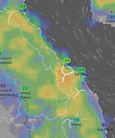 Dự báo nhiều tỉnh thành miền Trung lại có mưa vào khoảng 28 - 29/5 (những vùng màu xanh da trời và vàng là có mưa, những con số trong hình là lượng mưa trong khoảng 3 giờ, tính theo milimet). Ảnh: Ventusky, GFS. Dự báo nhiều tỉnh thành miền Trung lại có mưa vào khoảng 28 - 29/5 (những vùng màu xanh da trời và vàng là có mưa, những con số trong hình là lượng mưa trong khoảng 3 giờ, tính theo milimet). Ảnh: Ventusky, GFS.