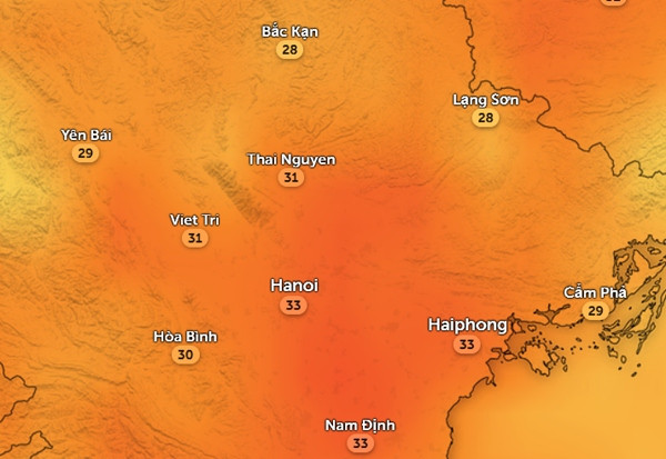 Dự báo nhiệt độ cảm nhận ở một số tỉnh thành miền Bắc chiều 13/5. Ảnh: Zoom Earth, OpenStreetMap, GFS.