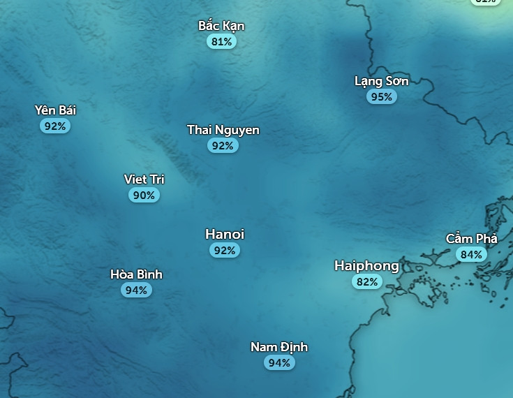 Độ ẩm cao ở một số tỉnh thành miền Bắc vào sáng và tối hôm nay và ngày mai (7 - 8/1). Ảnh: Zoom Earth, OpenStreetMap, ICON.