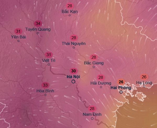 Dự báo nhiệt độ cao nhất vào thứ Hai, 3/3, ở một số tỉnh thành miền Bắc: Hà Nội chạm ngưỡng 30oC. Ảnh: Ventusky, GFS. Dự báo nhiệt độ cao nhất vào thứ Hai, 3/3, ở một số tỉnh thành miền Bắc: Hà Nội chạm ngưỡng 30oC. Ảnh: Ventusky, GFS.