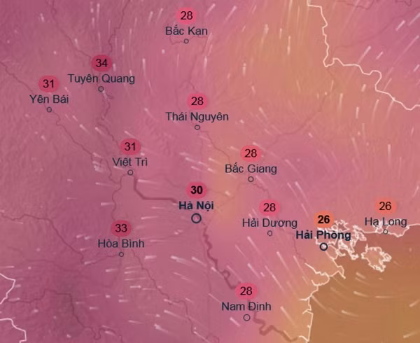 Dự báo nhiệt độ cao nhất vào thứ Hai, 3/3, ở một số tỉnh thành miền Bắc: Hà Nội chạm ngưỡng 30oC. Ảnh: Ventusky, GFS.