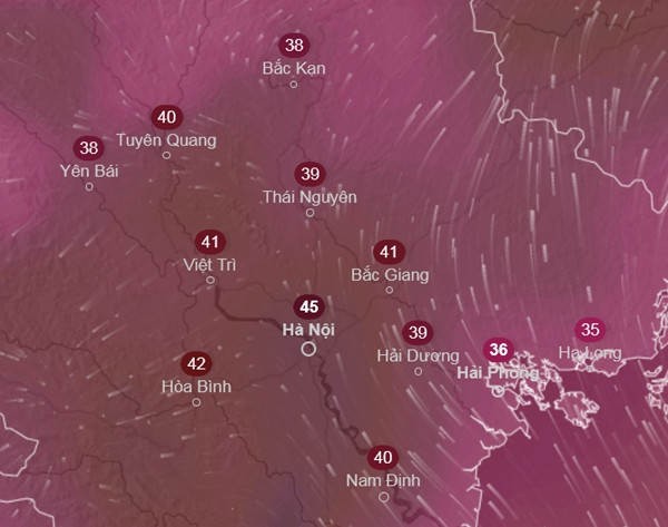 Nhiệt độ cảm nhận ở một số tỉnh thành miền Bắc chiều 9/5, ngày nóng đỉnh điểm của đợt này, theo GFS. Ảnh: Ventusky, GFS. Nhiệt độ cảm nhận ở một số tỉnh thành miền Bắc chiều 9/5, ngày nóng đỉnh điểm của đợt này, theo GFS. Ảnh: Ventusky, GFS.