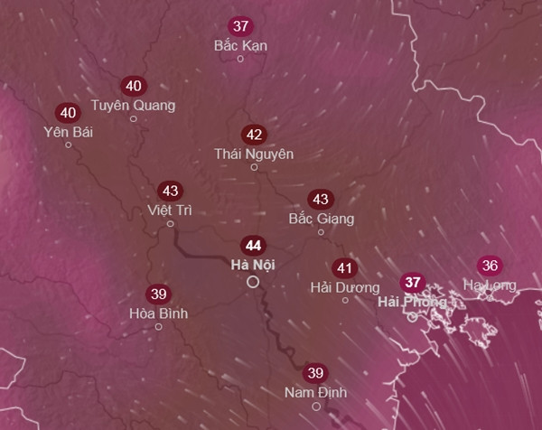 Mô hình GFS dự báo nhiệt độ cảm nhận ở Hà Nội sẽ lên tới 44oC vào ngày 8/6 (Chủ Nhật tới). Ảnh: Ventusky, GFS. Mô hình GFS dự báo nhiệt độ cảm nhận ở Hà Nội sẽ lên tới 44oC vào ngày 8/6 (Chủ Nhật tới). Ảnh: Ventusky, GFS.