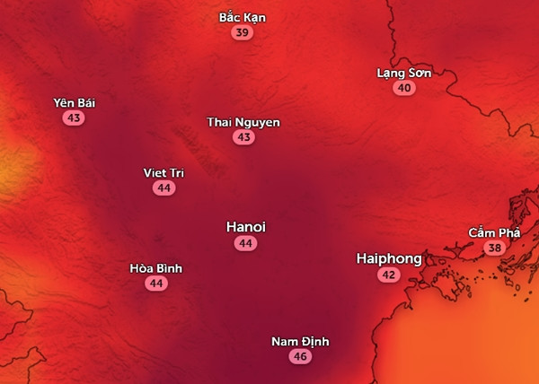 Nhiệt độ cảm nhận ở một số tỉnh thành miền Bắc vào chiều 8 - 9/5 đều có thể ở mức xấp xỉ 45oC. Ảnh: Zoom Earth, OpenStreetMap, ICON. Nhiệt độ cảm nhận ở một số tỉnh thành miền Bắc vào chiều 8 - 9/5 đều có thể ở mức xấp xỉ 45oC. Ảnh: Zoom Earth, OpenStreetMap, ICON.