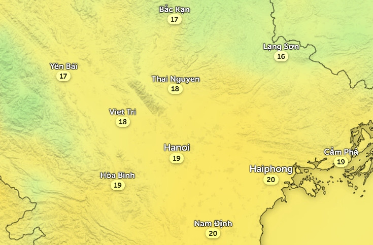 Nhiệt độ ở một số tỉnh thành miền Bắc vào chiều nay, 19/2. Ảnh: Zoom Earth, OpenStreetMap, ICON. Nhiệt độ ở một số tỉnh thành miền Bắc vào chiều nay, 19/2. Ảnh: Zoom Earth, OpenStreetMap, ICON.