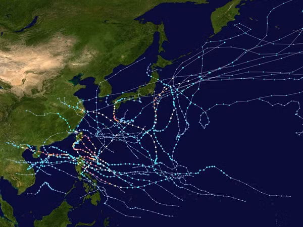 Bản đồ tóm tắt mùa bão năm 2024 (bao gồm cả áp thấp nhiệt đới) - được coi là "yên ắng" hơn mức trung bình nhiều năm, tuy nhiên có một vài cơn bão rất mạnh với sức tàn phá lớn. Ảnh: NASA, JTWC.