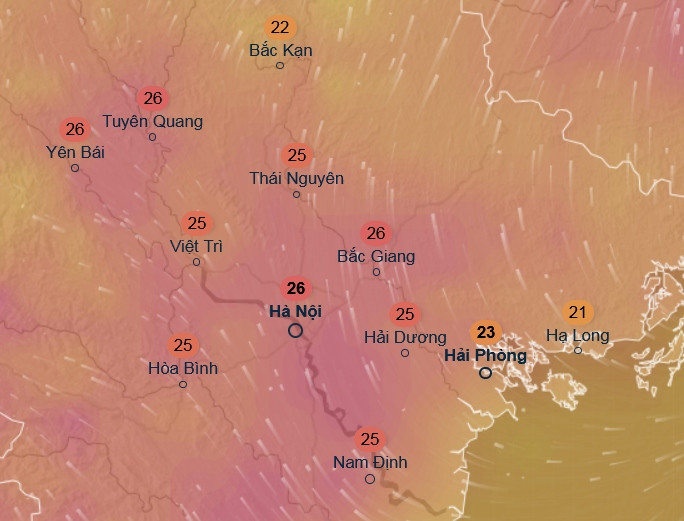 Nhiệt độ cảm nhận ở một số tỉnh thành miền Bắc vào chiều 14/2 (trời ấm lên). Ảnh: Ventusky, ICON. Nhiệt độ cảm nhận ở một số tỉnh thành miền Bắc vào chiều 14/2 (trời ấm lên). Ảnh: Ventusky, ICON.