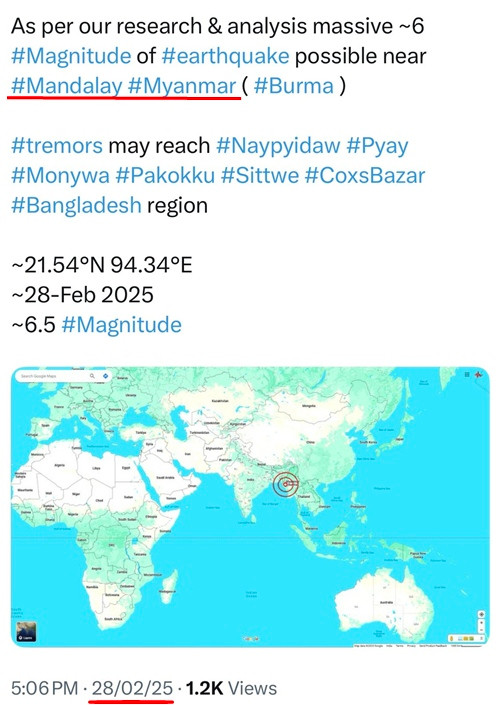 Sitaram đã "tiên tri" về động đất ở Myanmar đúng một tháng trước khi động đất thực sự xảy ra. Ảnh: Earthquake Research & Analysis.